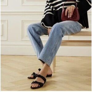 Women’s Bow Mules Knot Slippers Slip On Sandals Two Straps Flats Block Low Heels